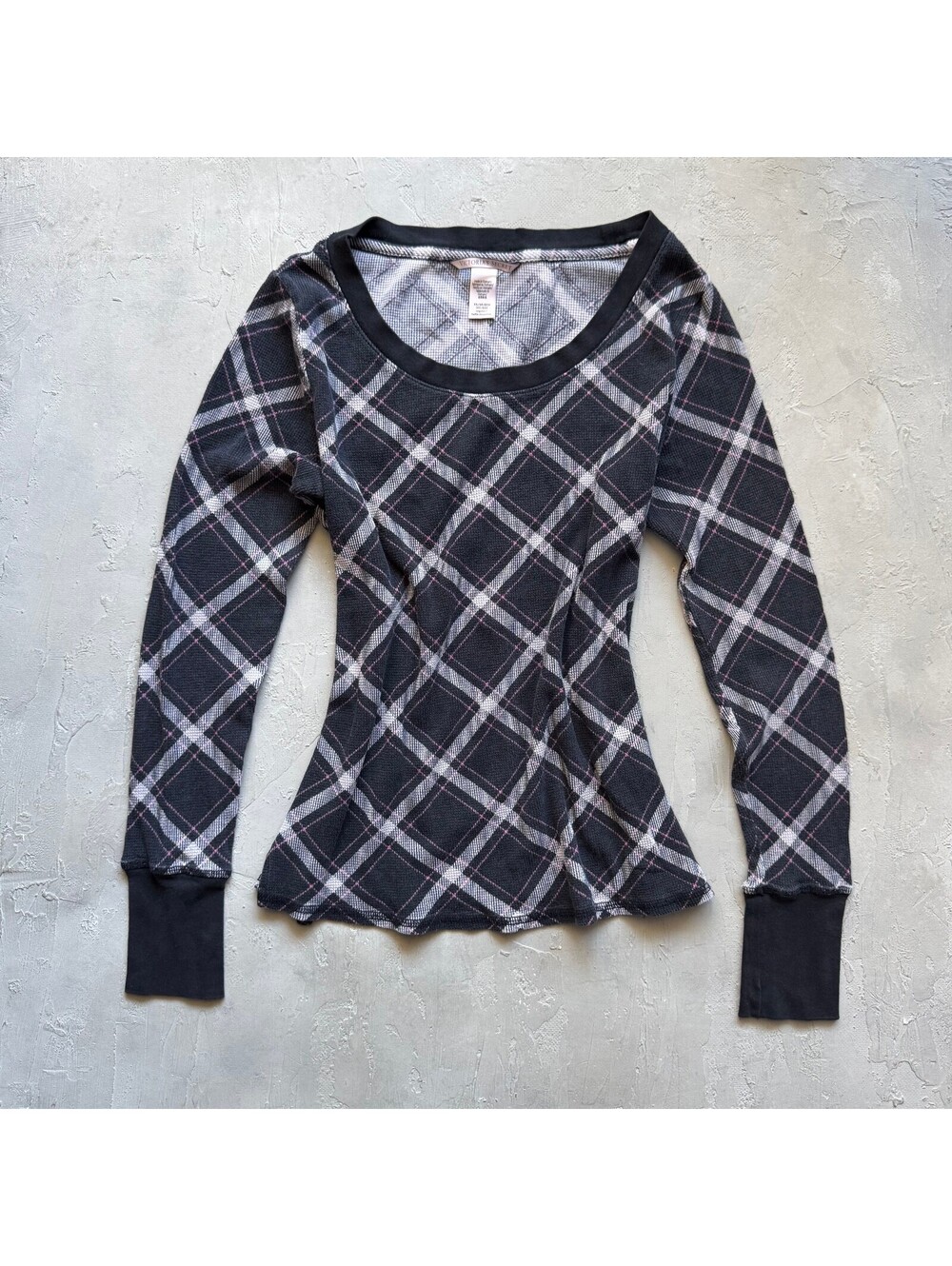 Vintage Y2K Victoria's Secret Plaid Thermal Long Sleeve Shirt XS Black Pink